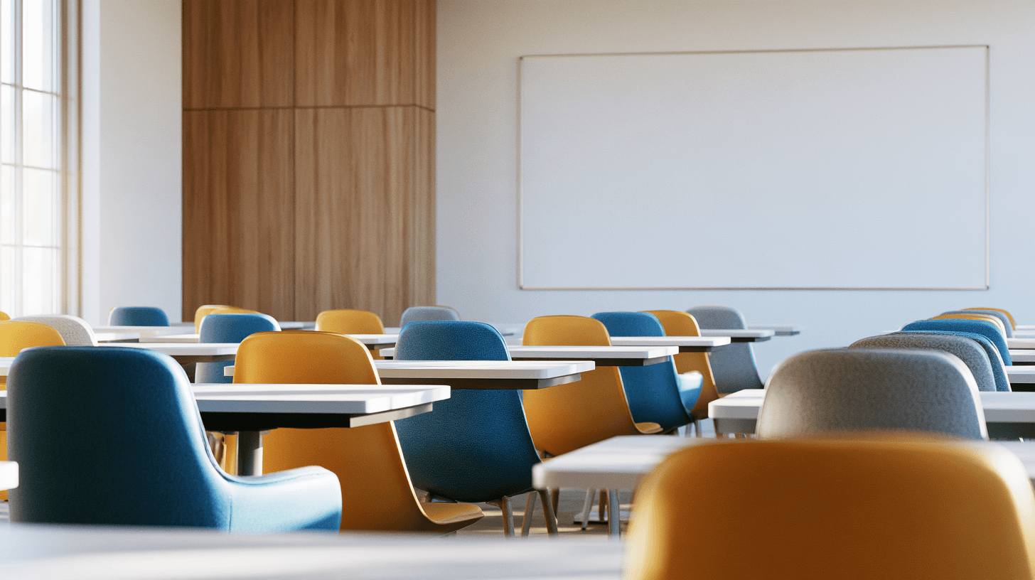 Modern CBRC-style classroom with blue, yellow, and gray seating
