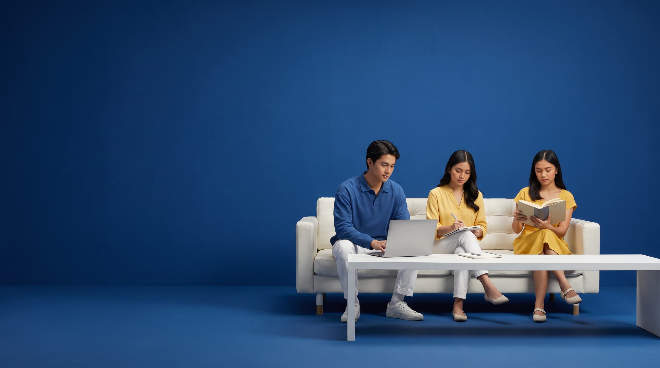 Students studying together on a white sofa against a blue backdrop